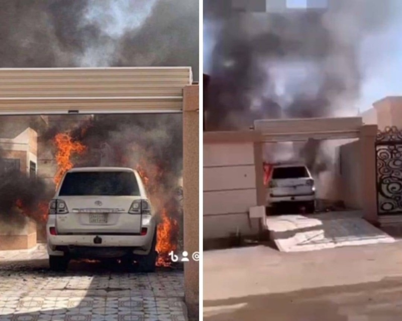 شاهد.. لحظة اشتعال النيران في سيارة جيب لاندكروزر سعودي والصدمة في الاسباب!!